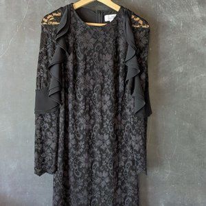 Badgley Mischka Stretchy Lace Dress Long Ruffle Sleeve Black Sz 10